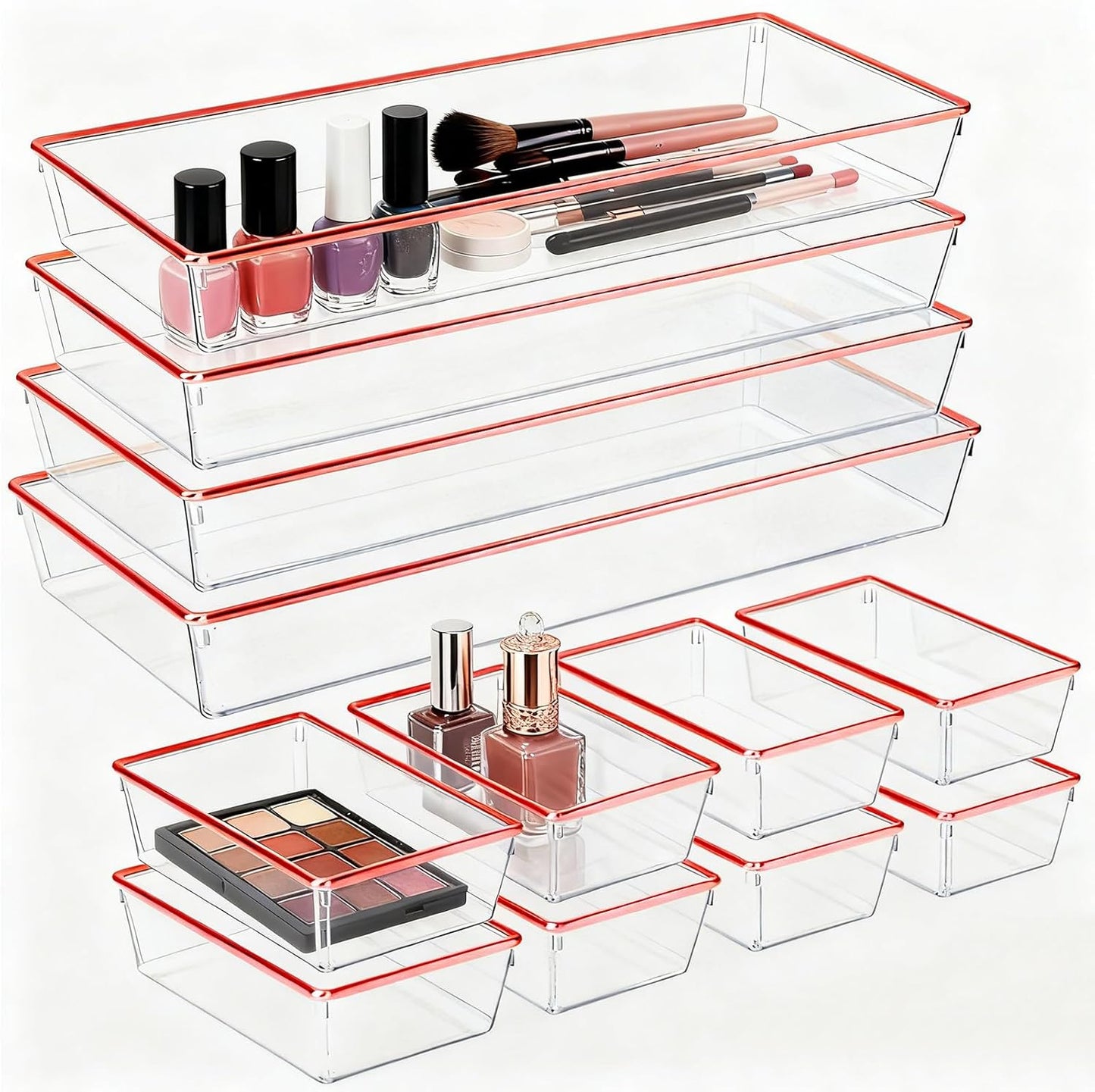 4 Pack Large Size Clear Stackable Drawer Organizer Trays, Gold Rim Makeup Drawer Storage Tray Divider, Desk Storage for Makeup, Jewelry, Bathroom, Stationary, Kitchen Utensils and Office Desk
