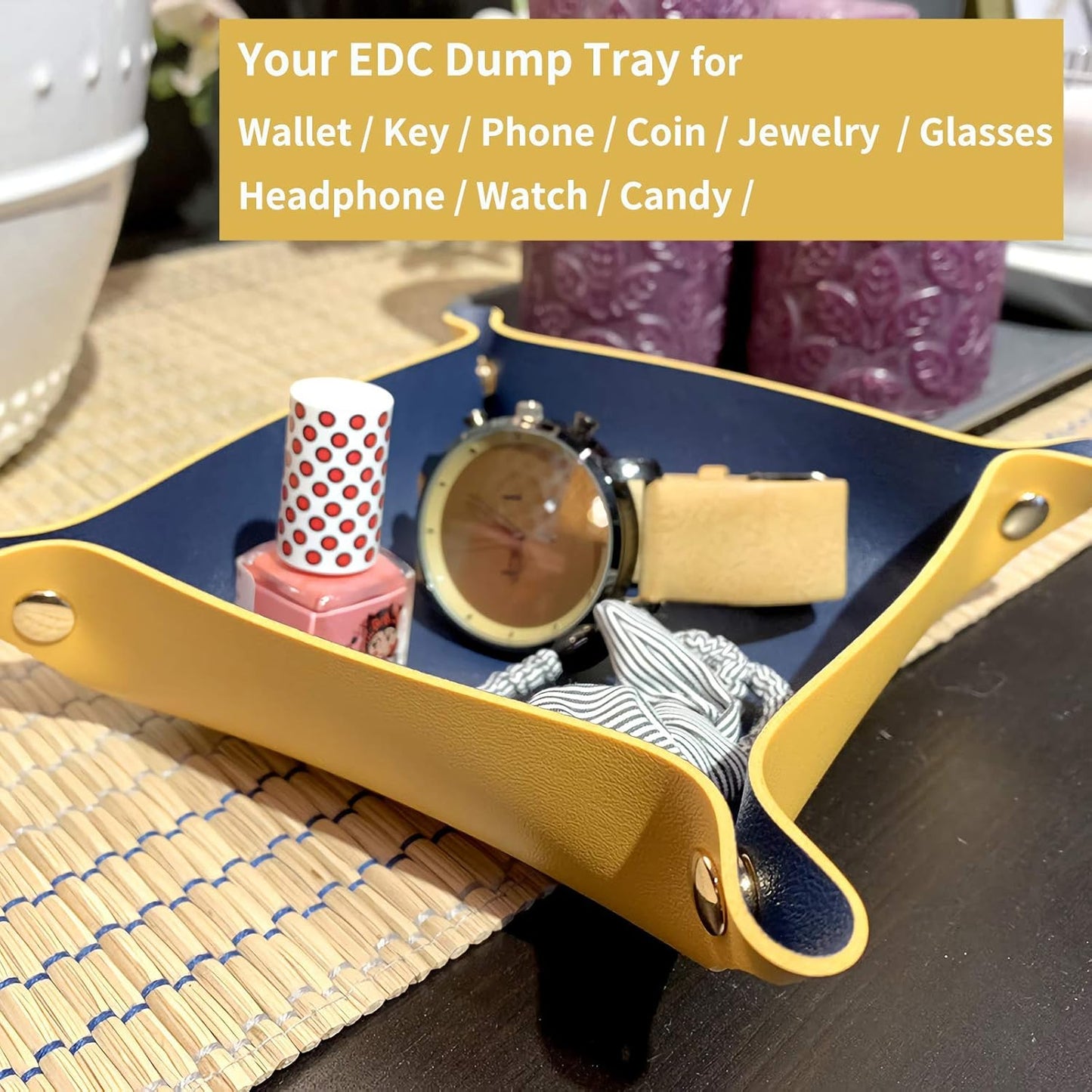 Leather Valet Tray for Men Women, Small Jewelry Catchall Tray, Deskop Nightstand Organizer, Portable Travel Key Plate for Entryway Table, Watch Candy Gifts (Red + Black)