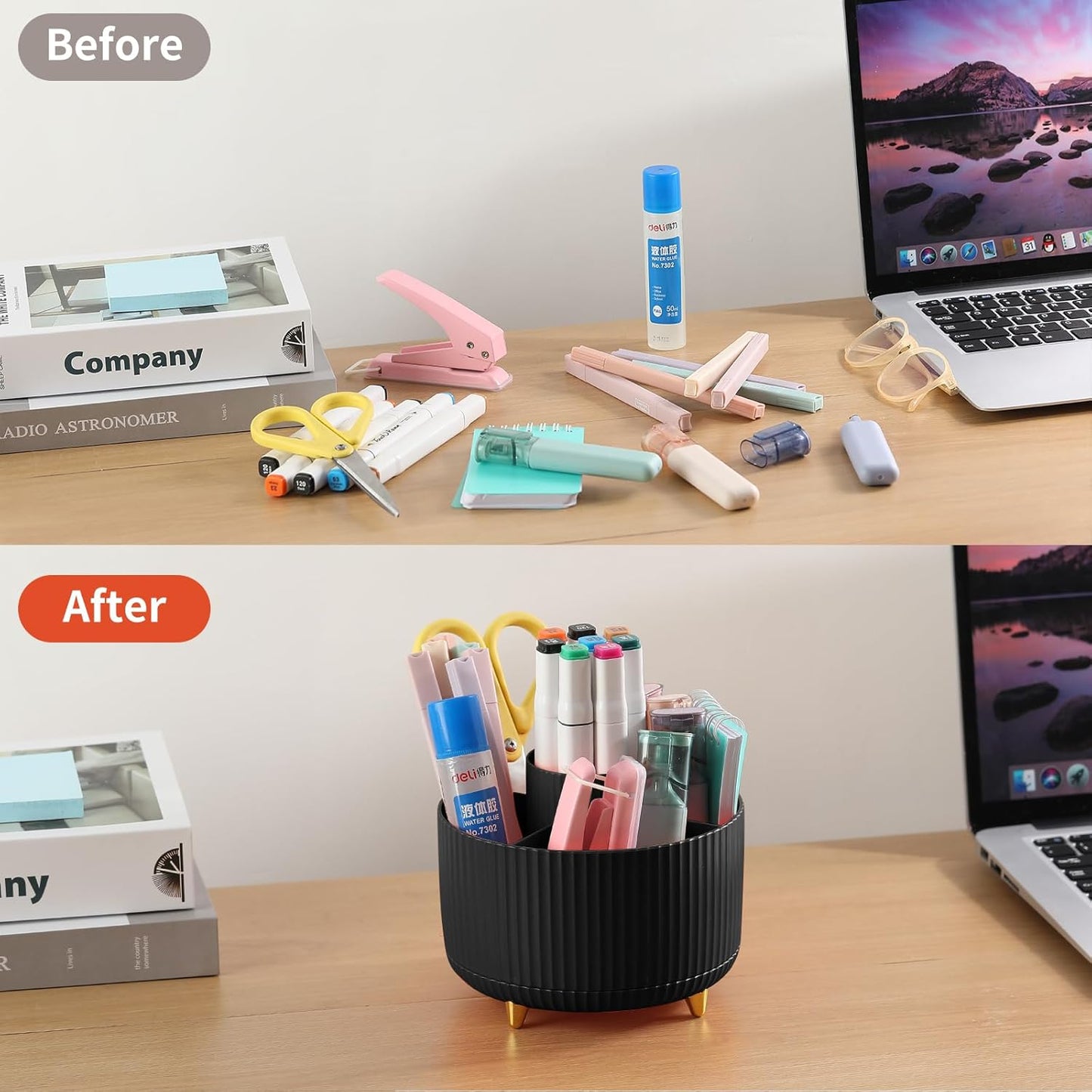 Desk Pencil Pen Holder, 5 Slots 360°Degree Rotating Pen Organizers for Desk, Desktop Storage Stationery Supplies Organizer, Cute Pencil Cup Pot for Office, School, Home, Art Supply, Dark Green