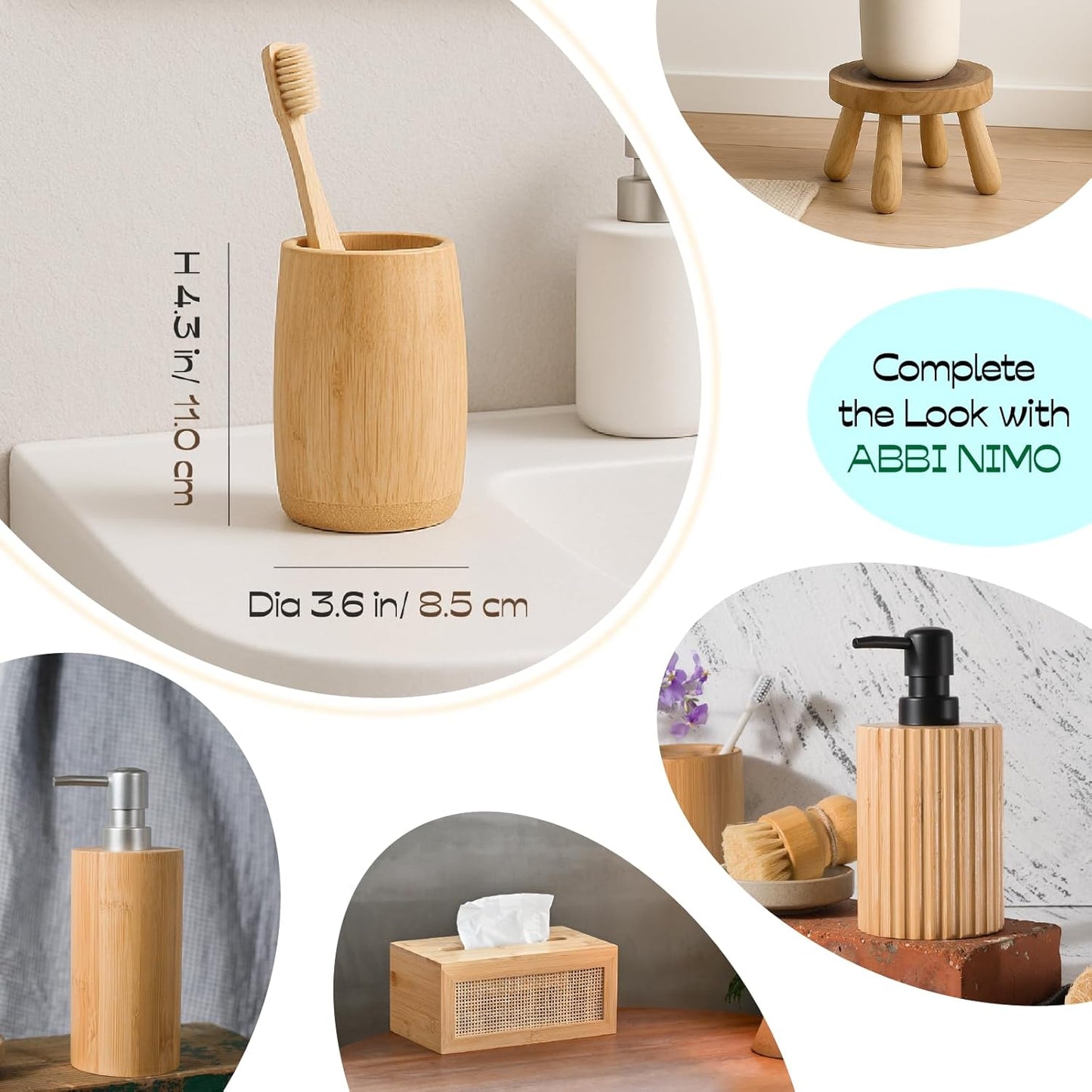 Natural Bamboo Toothbrush Holder 2 Pack, Simple Minimal Cylindrical Tumbler for Bathroom Countertop, Unbreakable Makeup Brush or Pen Organizer, Desktop Accessory
