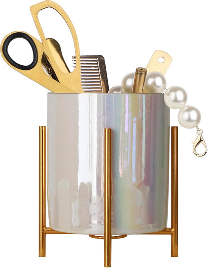 Sturdy Pen Holder Simple and elegant for Desk Matte Pencil Holder Ceramic Cute Desktop Organizer Brush Holder Cup (Black and Gold Plated)