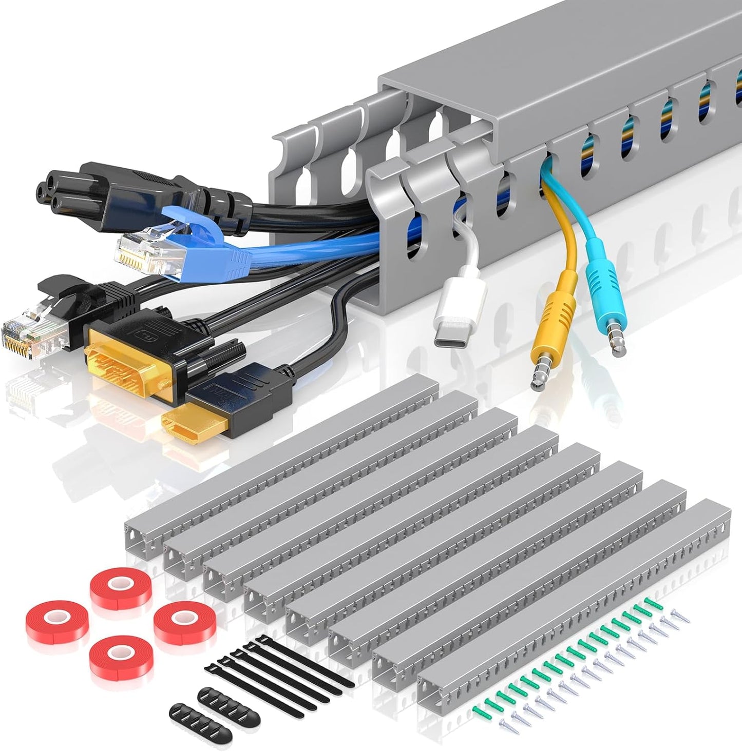 Open Slot Wire Duct Kit, 62.8"(4 x 15.7) Server Rack Cable Management, Cable Management Raceway for Hide Network HDMI VGA Cable, Wiring Raceway Cable Duct, Desk Wire Channel, 4 Pack, Grey