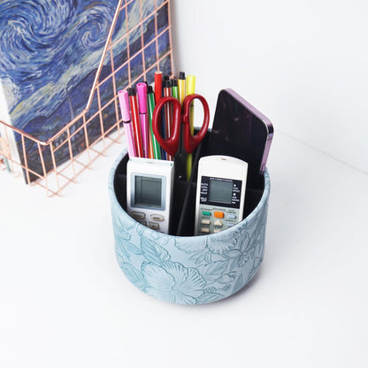 Hennaja Round Leather Art Supply Organizer,Remote Control Holder,360 Degree Rotating,Multi-Functional Pencil Holder,4 Compartments Desktop Stationary Organizer(1-Blue Bird) - Colors A
