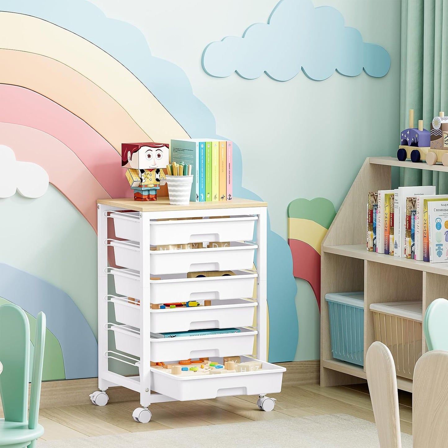 SYKIARIOL Rolling Storage Utility Cart with 6 Drawers and Wooden Tabletop for Under Desk Storage,White