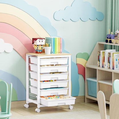 SYKIARIOL Rolling Storage Utility Cart with 6 Drawers and Wooden Tabletop for Under Desk Storage,White
