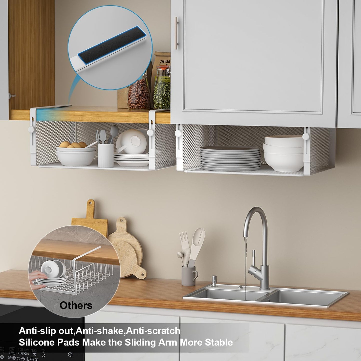 AmonHouseware 2Pack Under Shelf Basket Organizer,Adjustable Hanging Holder for Cabinet Pantry Kitchen Cupboard Desk Counter Bookshelf Organization Add-on Space Saver Heavy Duty Slide-in (Black, Large)