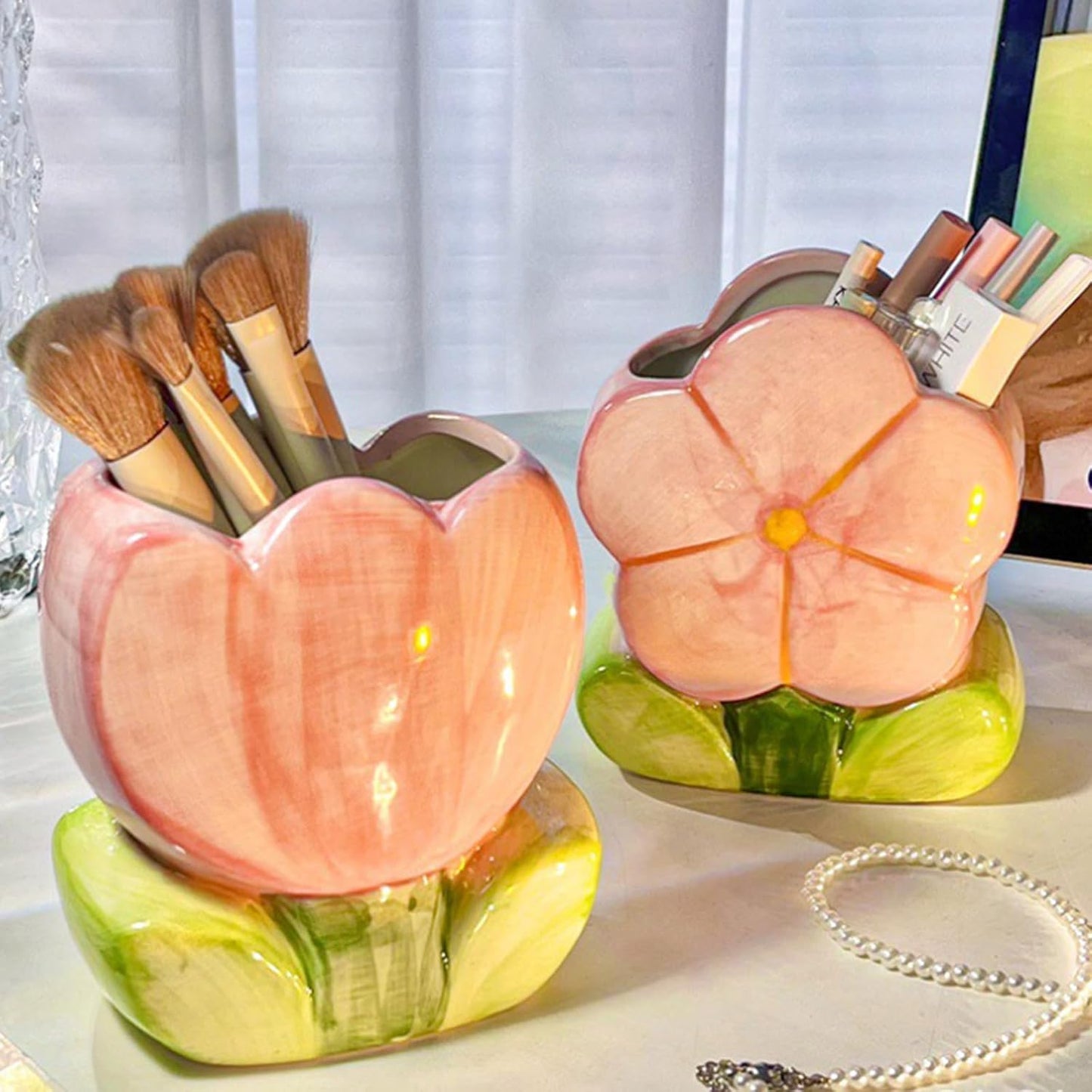 Pen Holder for Desk Cute Toothbrush Holder Tulips Vase Decor Aesthetic Pencil Holder for Office Makeup Brush Holder Yellow Kawaii Desk Accessories Home Decor Birthday Gifts for Women