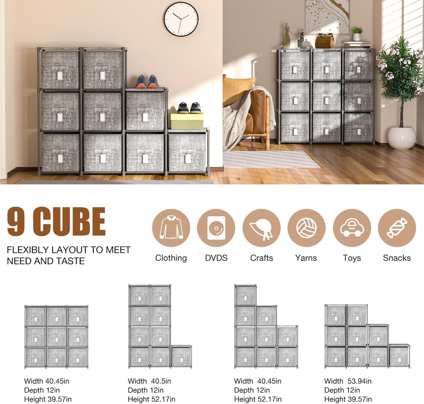 LUKYTOWER Cube Storage Organizer Shelf with Printed Bins + Labels, Cubby Storage Organizer with Bins, Large Capacity Shelves for Storage,Closet, Living Room, Dorm, Yarn (Grey, 6 Cube)