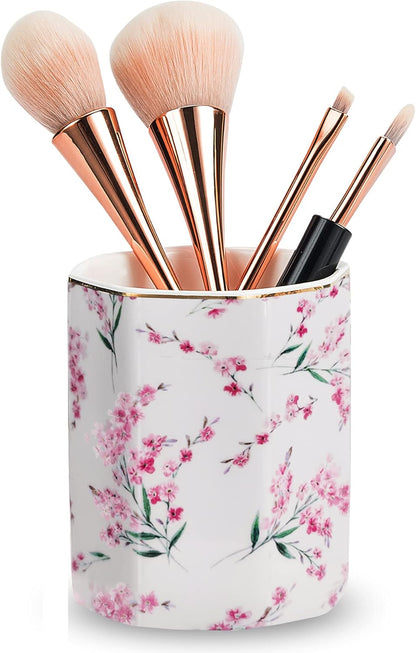 Pencil Holder for Desk Organizer,Ceramic Writing Utensil Storage Organizer Aesthetic Floral Pattern Pen Holder Pen Cup Makeup Brush Holder Creative Gift for Desktop Supplies,School Life Blue
