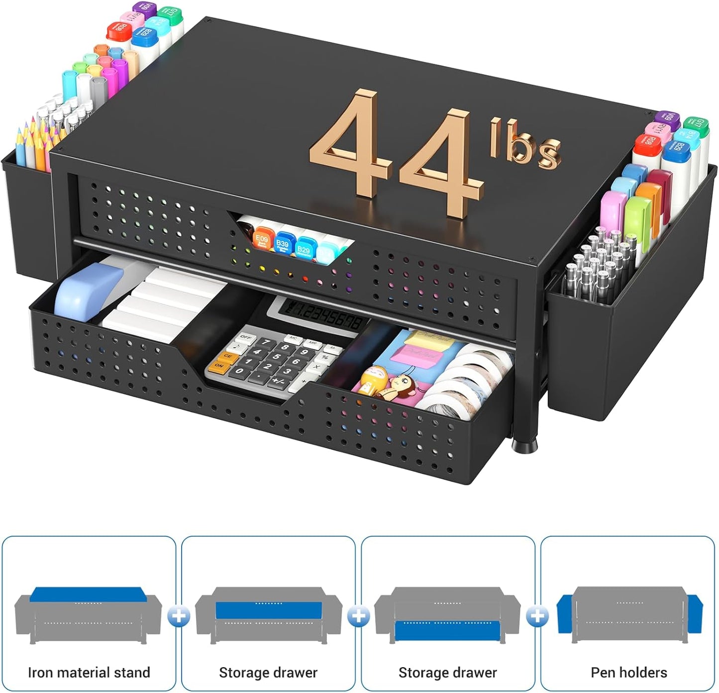 OPNICE Desk Organizer and Accessories, 2-Tier Computer Monitor Stand Riser with Drawer and 2 Pen Holders, Laptop Stand, Office Desk Accessories for Office Supplies, Black