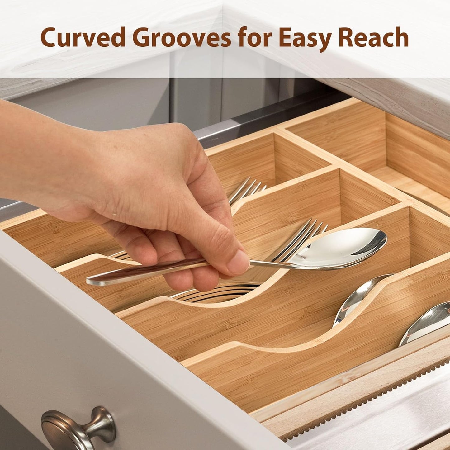 Umilife Bamboo Kitchen Drawer Organizer, 13 Inch Silverware Utensil Tray Holder, Extra Deep Grooved Drawer Divider, 7 Slots Total Bamboo Wood Caddy for Flatware Cutlery Knives, Forks, Spoons