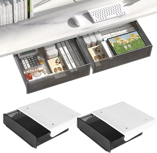 Self-adhesive Under Desk Drawer Organizer, 2 Pack Table Hidden Slide Out Large Storage Mounted Desktop Pencil Holder Tray Drawers for Office Home School Stationery Kitchen (Large, White)
