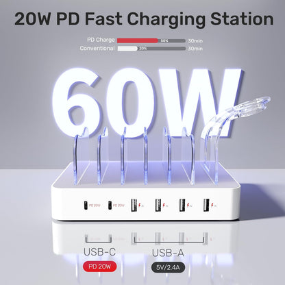 Unitek Fast Charging Station for Multiple Devices, 60W 6 Ports Charging Dock with QC 3.0, USB Charging Station Organizer with 7 Short Charging Cables for Phones, Tablets, and Other Electronics