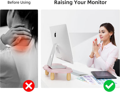 AFOOYO Monitor Stand Riser,Cloud Shape Wood Computer Monitor Stand, 16.5IN Monitor Stand Riser, Multi-Purpose Desktop Organizer Riser for Computer,Laptop,Printer,TV,Pink