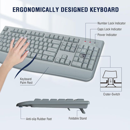 Wireless Keyboard and Mouse Combo, EDJO 2.4G Full-Sized Ergonomic Computer Keyboard with Wrist Rest and 3 Level DPI Adjustable Wireless Mouse for Windows, Mac OS Desktop/Laptop/PC