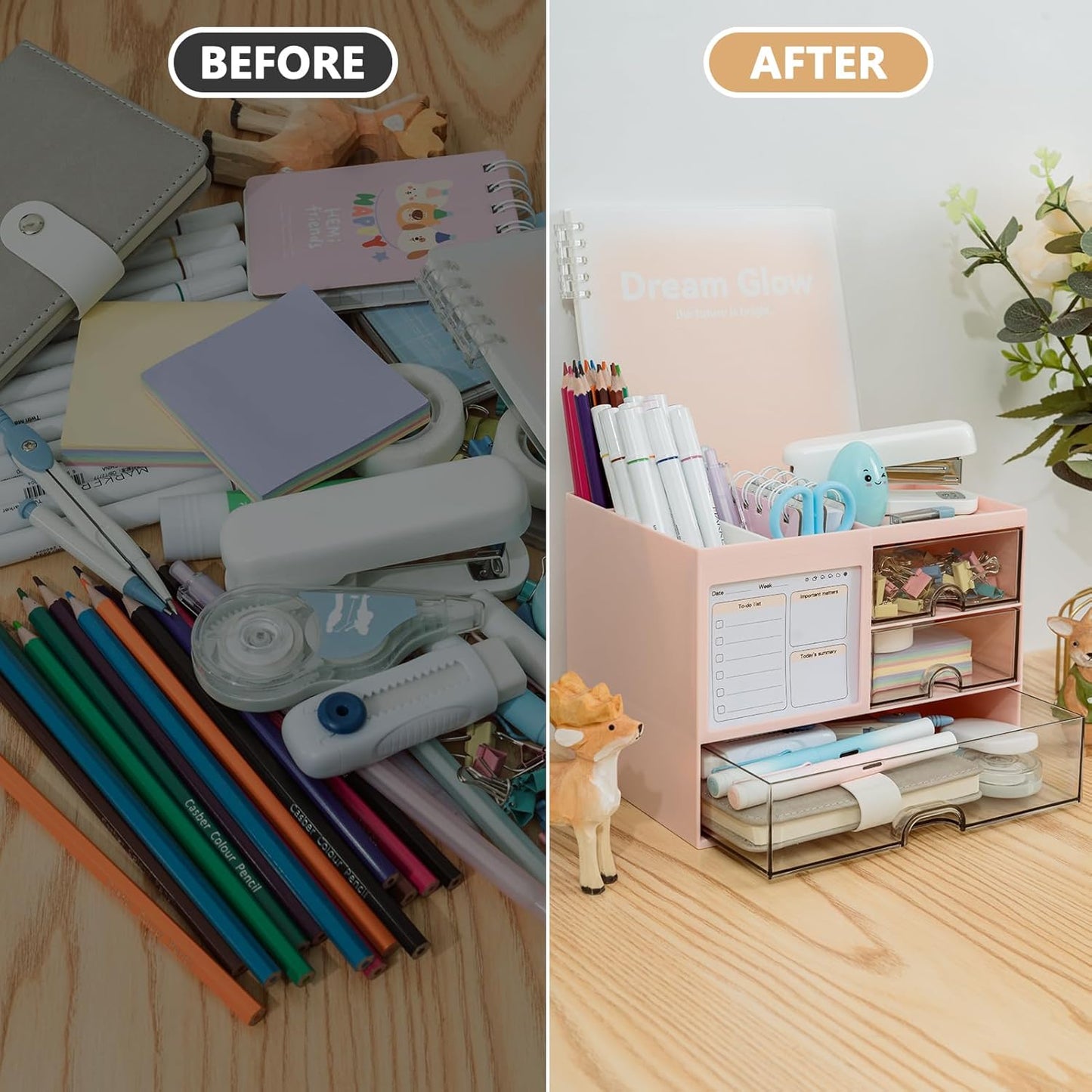 QIYVLOS Desk Organizer with 3 Drawer, Multi-Functional Pencil Pen Holder for Desk, Desk Organizers and Storage with 8 Compartments, Desktop Organizer for Office Home Art Supplies (White)