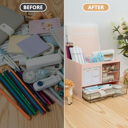 QIYVLOS Desk Organizer with 3 Drawer, Multi-Functional Pencil Pen Holder for Desk, Desk Organizers and Storage with 8 Compartments, Desktop Organizer for Office Home Art Supplies (White)
