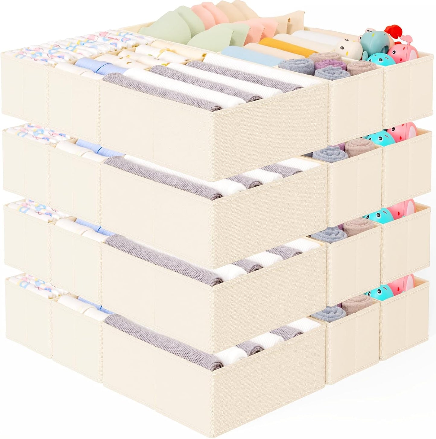 Criusia 15 Pack Drawer Organizer for Clothes, Foldable Dresser Dividers with 3 Sizes, Fabric Storage Bins – Beige