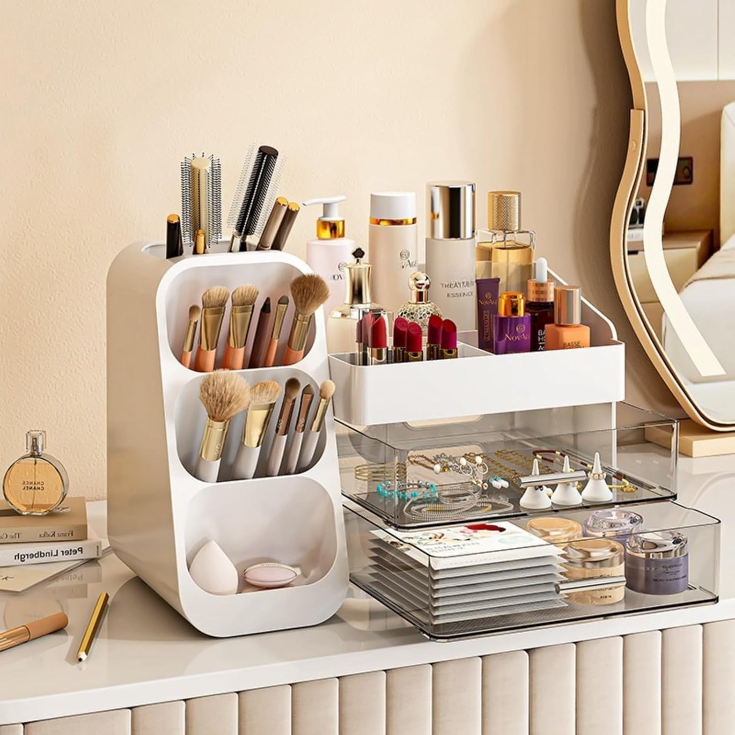 Booklov Makeup Organizer for Vanity, Countertop Cosmetic Display Case with Clear Acrylic Drawers, Bathroom Counter Beauty Caddy, Cute Table Storage Holder for Skincare, Brush Lipsticks, Crystal White
