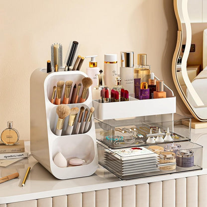 Booklov Makeup Organizer for Vanity, Countertop Cosmetic Display Case with Clear Acrylic Drawers, Bathroom Counter Beauty Caddy, Cute Table Storage Holder for Skincare, Brush Lipsticks, Crystal White