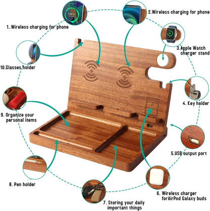 Nightstand Organizer with 4 Wireless Charger for 2 iPhone/Android Phone,Apple Watch,Airpod,Wood Phone Docking Station,27W Fast Wireless Charging Station,Wallet/Key Holder,Gifts for Dad/Men