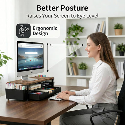 ECOLOVI Desk Organizer and Accessories, 2-Tier Computer Monitor Stand Rise with Storage Drawer & 2 Pen Holders, Laptop & Printer Stand for Desktop, Workspace Organizers for Office Supplies (Blue)