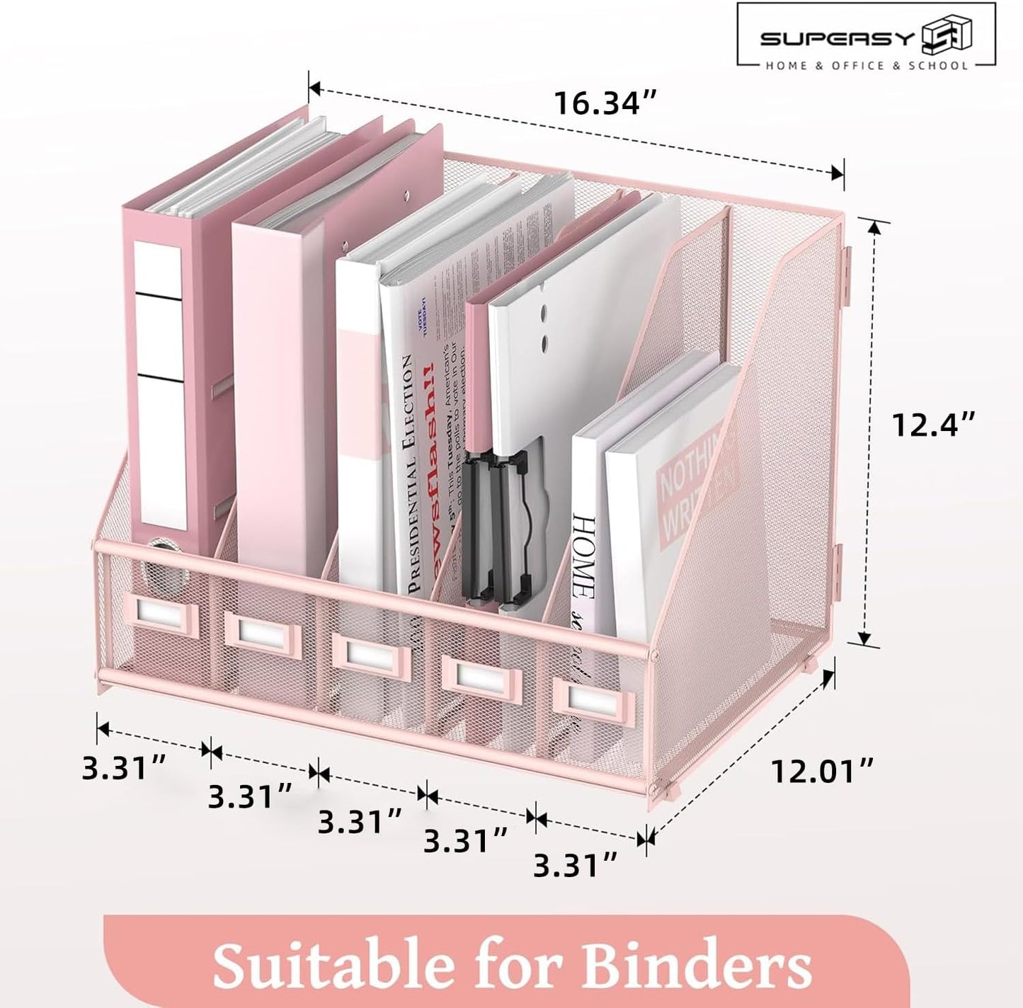 SUPEASY Desk Organizers Metal Desk Magazine File Holder with 5 Vertical Compartments Rack File Organizer for Office Desktop, Classroom, Home Workspace, Black