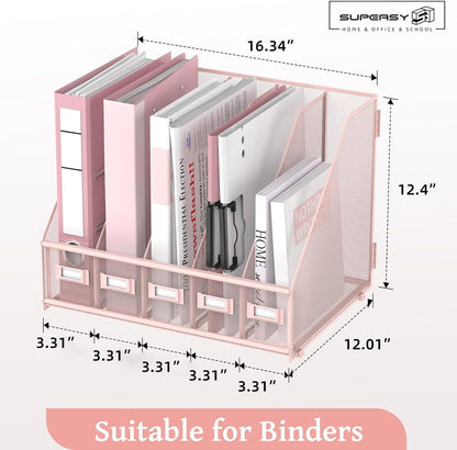 SUPEASY Desk Organizers Metal Desk Magazine File Holder with 5 Vertical Compartments Rack File Organizer for Office Desktop, Classroom, Home Workspace, Black