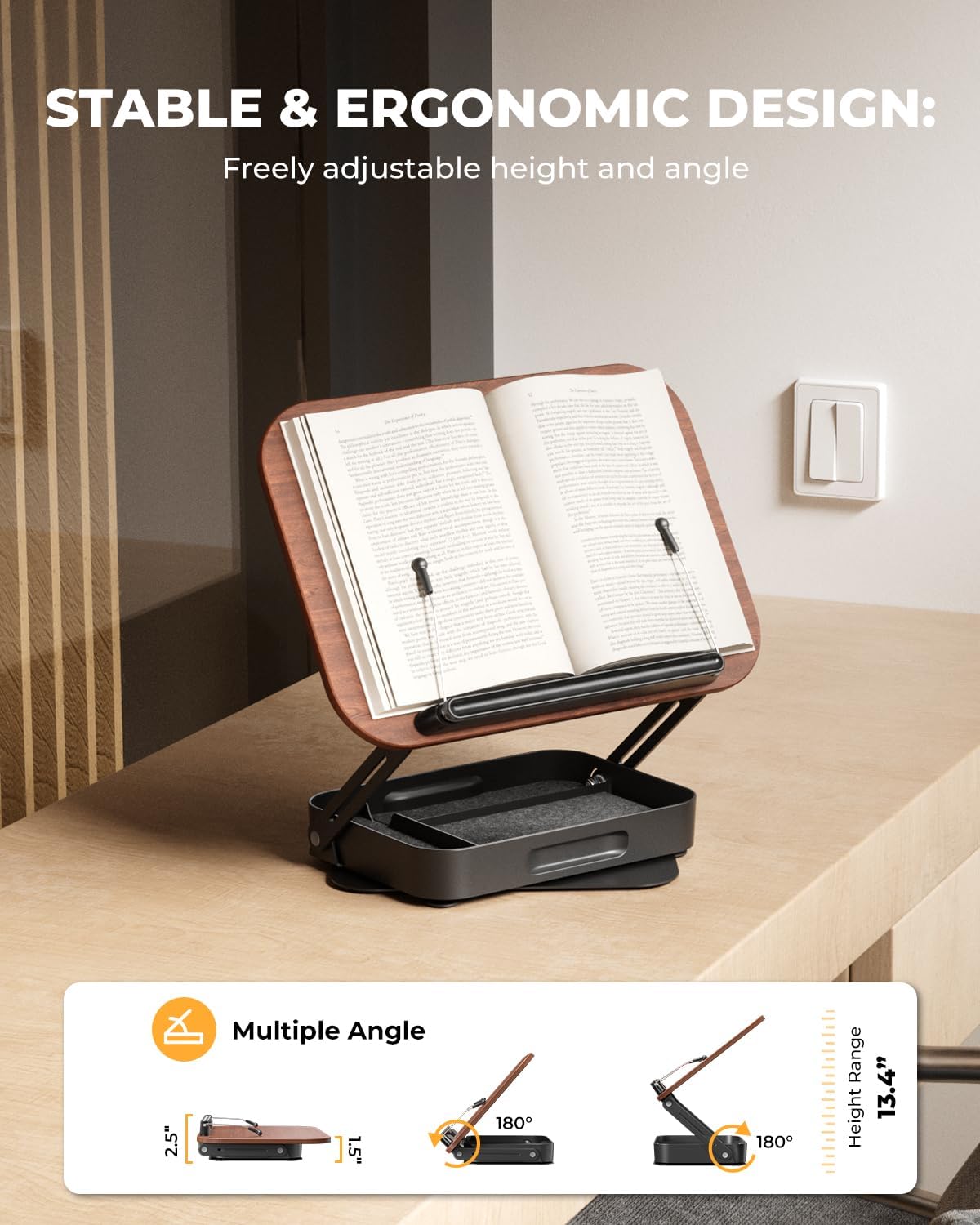 Adjustable Book Stand with Storage Drawer, 360° Rotating Book Holder, Height & Angle Adjustable, Extra-Wide Page Clips for Thick Books, Wood & Aluminum Book Stand for Desk, Study, Kitchen