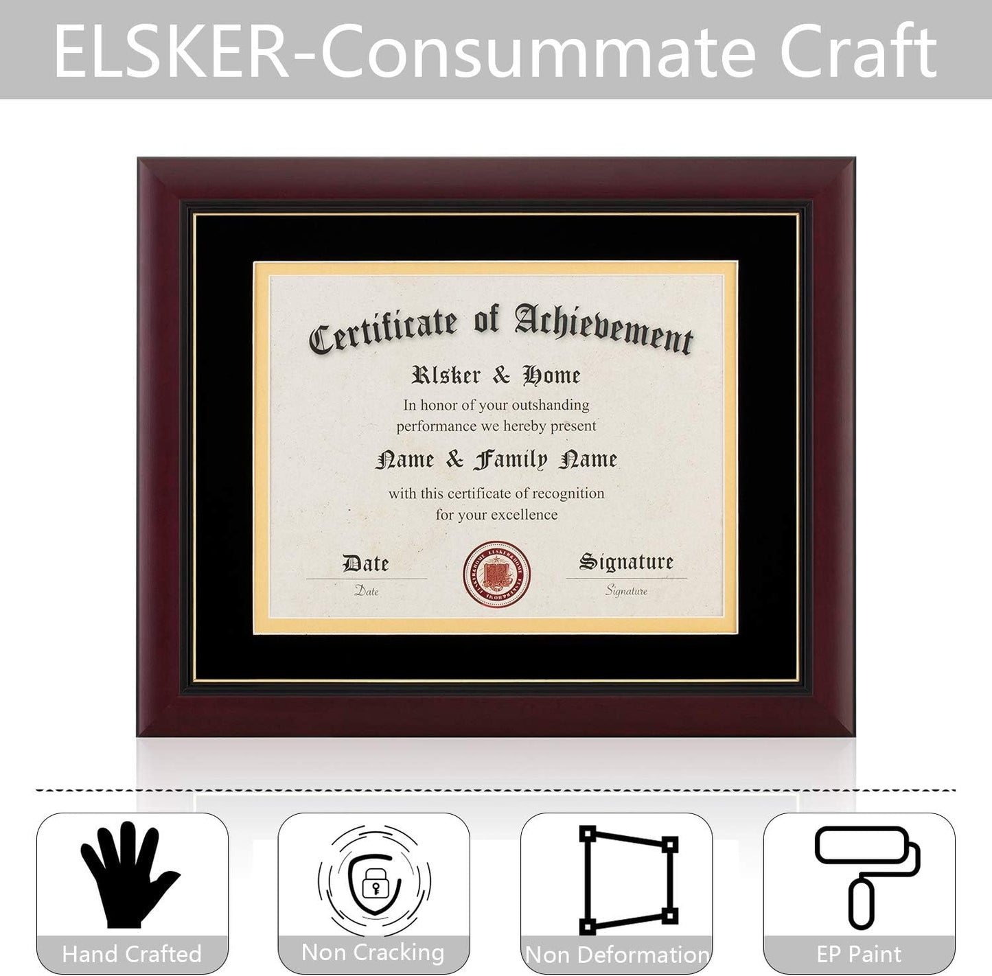 ELSKER&HOME Diploma Frame - Wide Solid Wood Frame - Black Velvet Golden Rim Mat - Semi-Tempered Glass - Includes Hanging Hardware and Desktop Easel(ONLY Display 11×14 Document/Certificate)