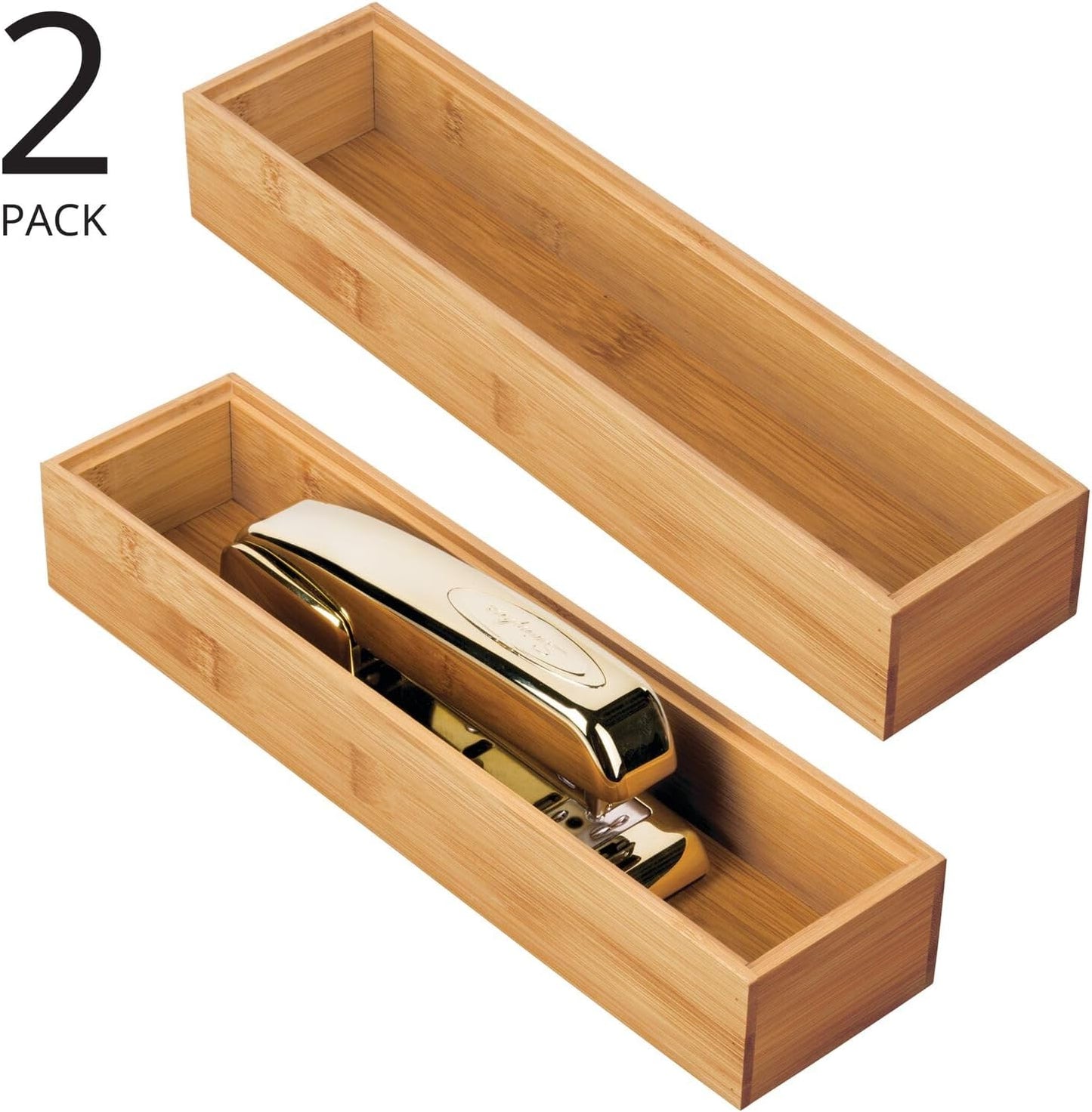 mDesign Slim Wooden Bamboo Drawer Organizer for Office - 12" Long Stackable Storage Box Tray for Desk Drawers/Cabinet - Junk Drawer and Accessories Organization - Echo Collection, 2 Pack, Natural Wood
