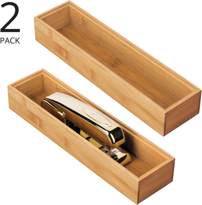 mDesign Slim Wooden Bamboo Drawer Organizer for Office - 12" Long Stackable Storage Box Tray for Desk Drawers/Cabinet - Junk Drawer and Accessories Organization - Echo Collection, 2 Pack, Natural Wood