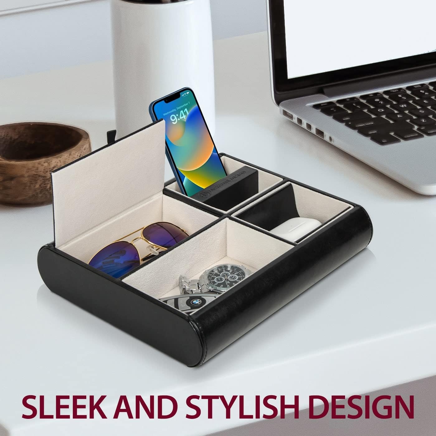 Valet Tray,Nightstand Desk or Dresser Organizer, Catch-All for Keys, Phone, Wallet, Coin, Jewelry, and More (Black / 10.34 x 2.15 x 8.19 inches) JackCubeDesign - :MK158