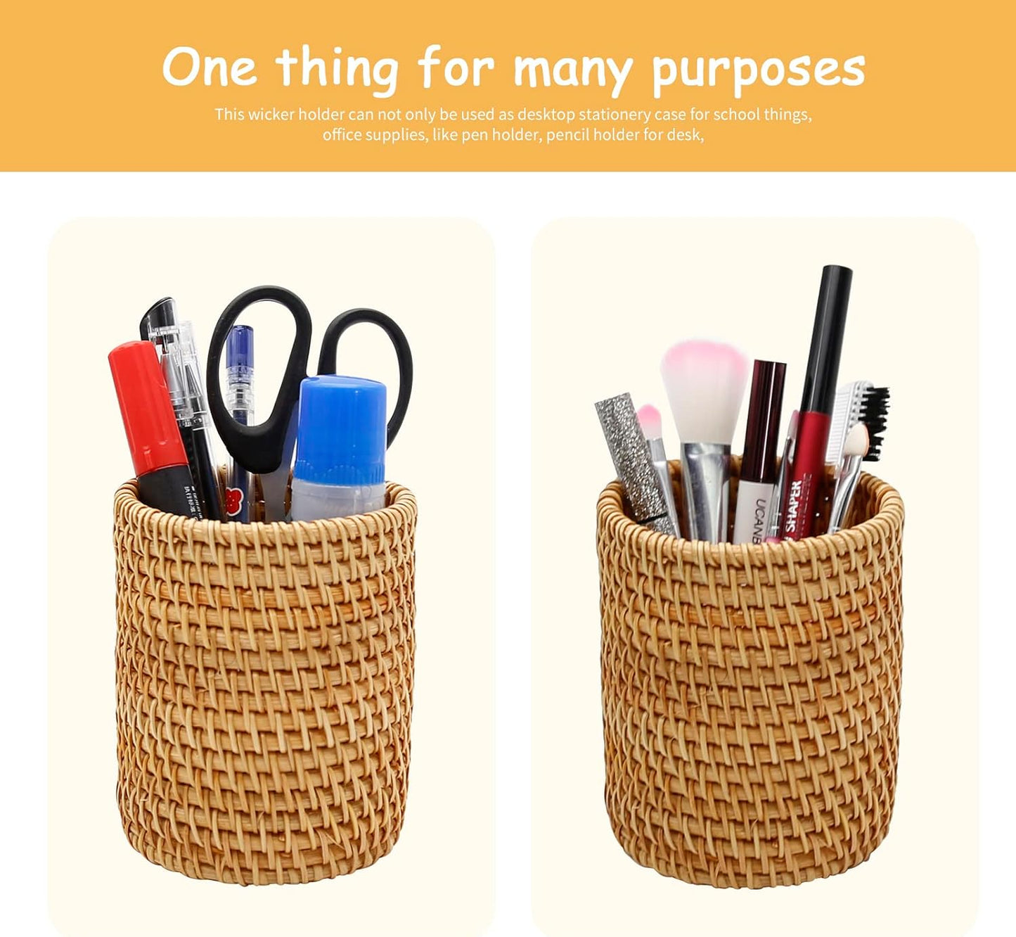 2 Pack Rattan Pencil Holder for Desk Handmade Pen Organizer Bucket Boho Desk Accessories Pen Cup Holder Aesthetic Holder for Desk Cute
