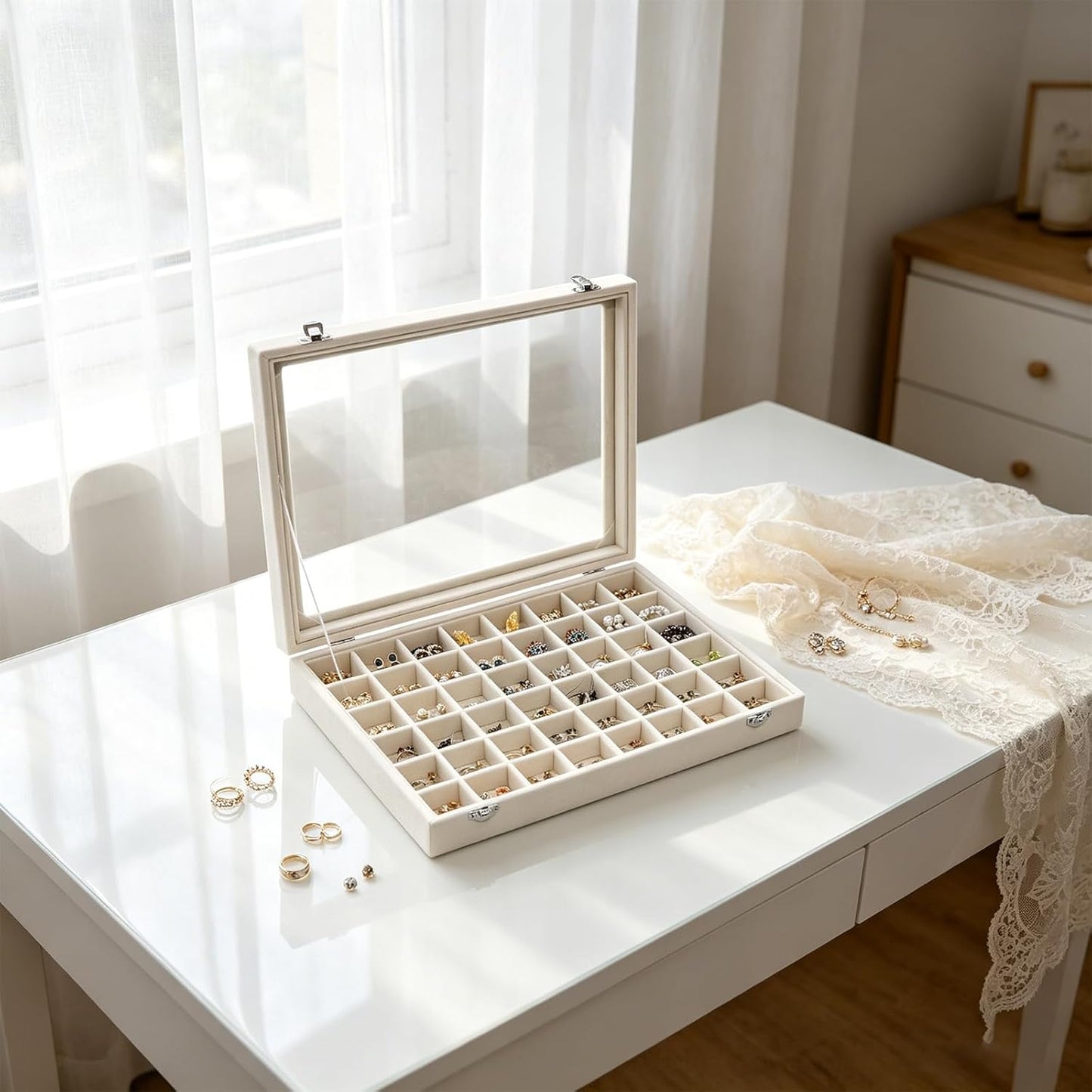 Stratalife Jewelry Organizer Bracelet Organizer Storage Box 12 Grid Stackable Jewelry Tray with Lid Velvet Jewelry Box for Drawer Necklace Bracelet Display Storage Organizer Box (Beige)