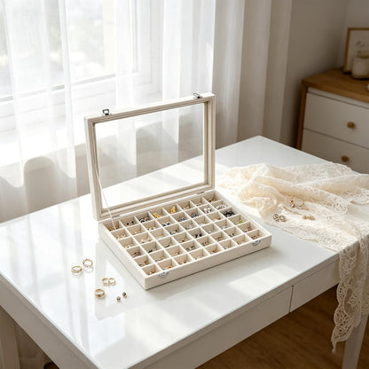 Stratalife Jewelry Organizer Bracelet Organizer Storage Box 12 Grid Stackable Jewelry Tray with Lid Velvet Jewelry Box for Drawer Necklace Bracelet Display Storage Organizer Box (Beige)