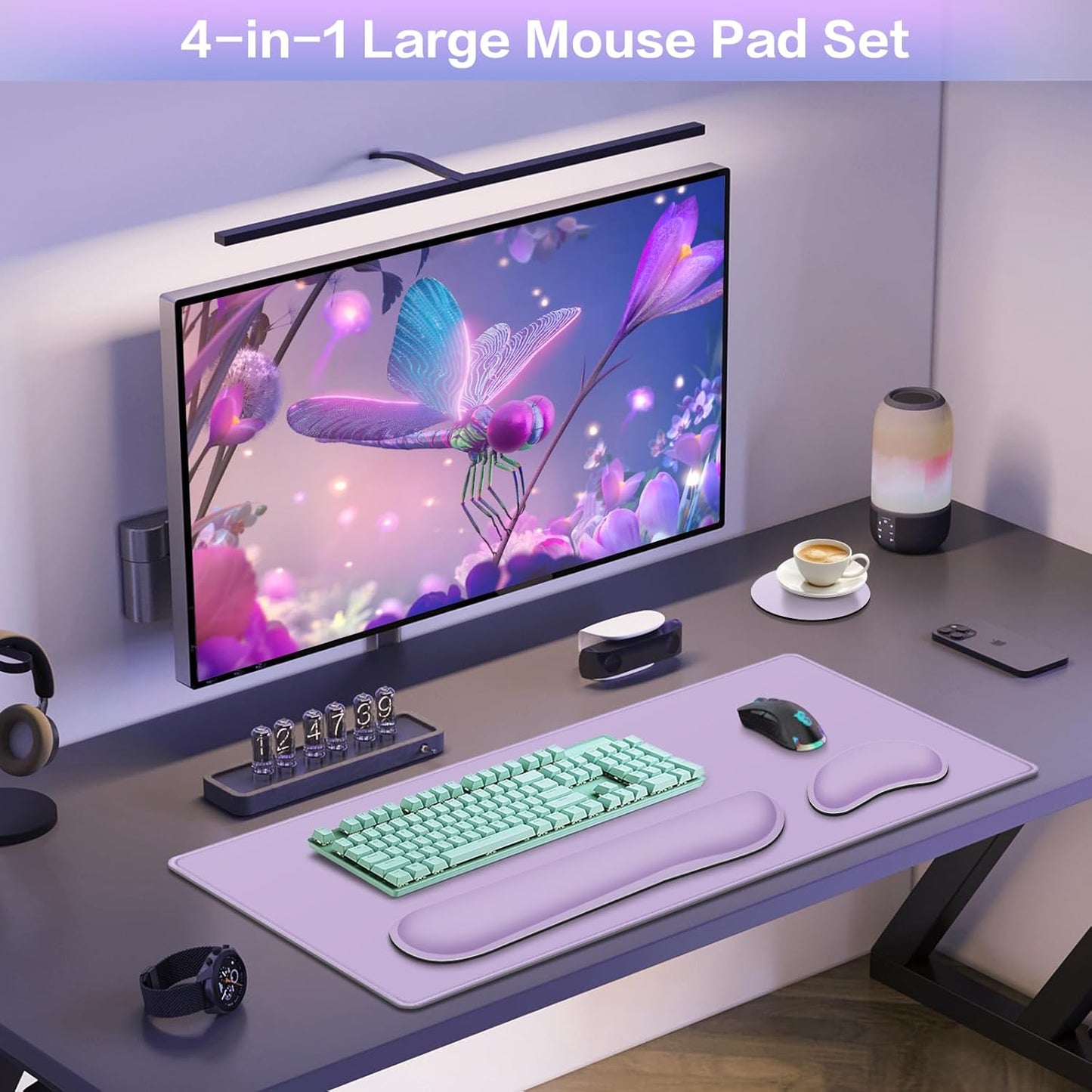 Desk Mat, Large Gaming Mouse Pad with Wrist Rest, 4in1 XXL Mousepad+Keyboard Wrist Rest+Mouse Pad Wrist Support+Cup Coaster Set Ergonomic Floral Computer Desk Arm Wrist for Decor Home Office Women