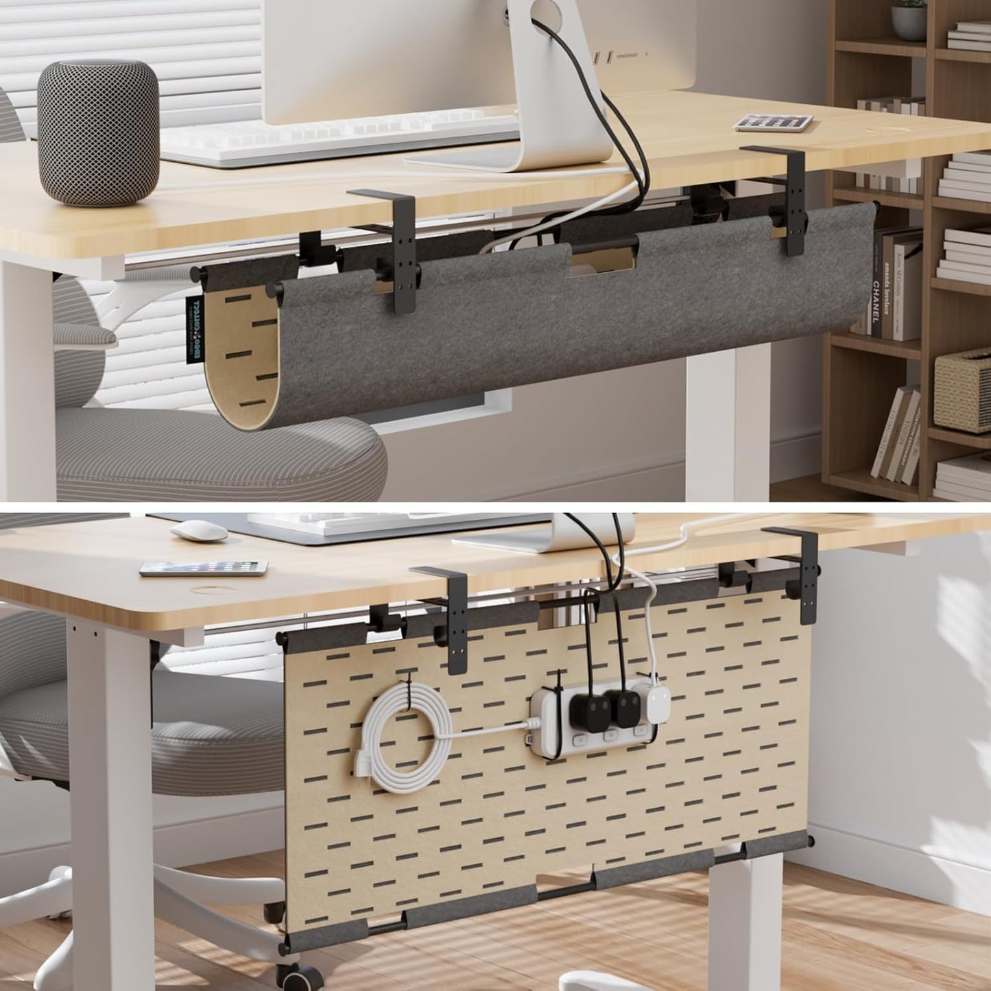2-in-1 Under Desk Cable Management Tray & Privacy Panel, Dual-Sided Thick Felt Cord Organizer with 20 Cable Ties,Heavy Duty Steel Frame Support, No-Drill Clamp Mount,Large Capacity (Khaki/Gray, 45.2")