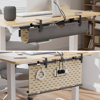 2-in-1 Under Desk Cable Management Tray & Privacy Panel, Dual-Sided Thick Felt Cord Organizer with 20 Cable Ties,Heavy Duty Steel Frame Support, No-Drill Clamp Mount,Large Capacity (Khaki/Gray, 45.2")