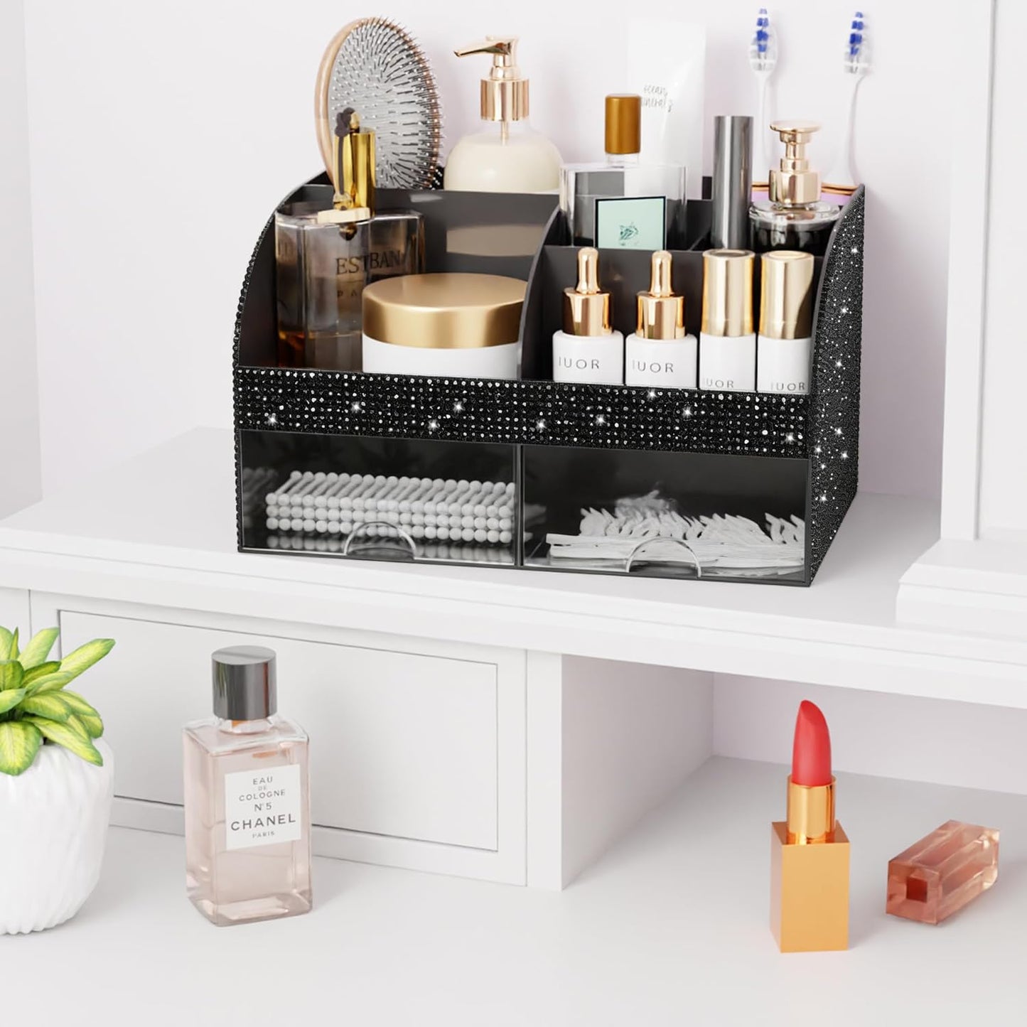Makeup Organizer with Drawers, Cosmetic Storage for Dresser Vanity and Bathroom Countertop, Beauty Holder for Lipstick Brush, Skincare Organizer for Vanity, Cosmetic Display Case (White)