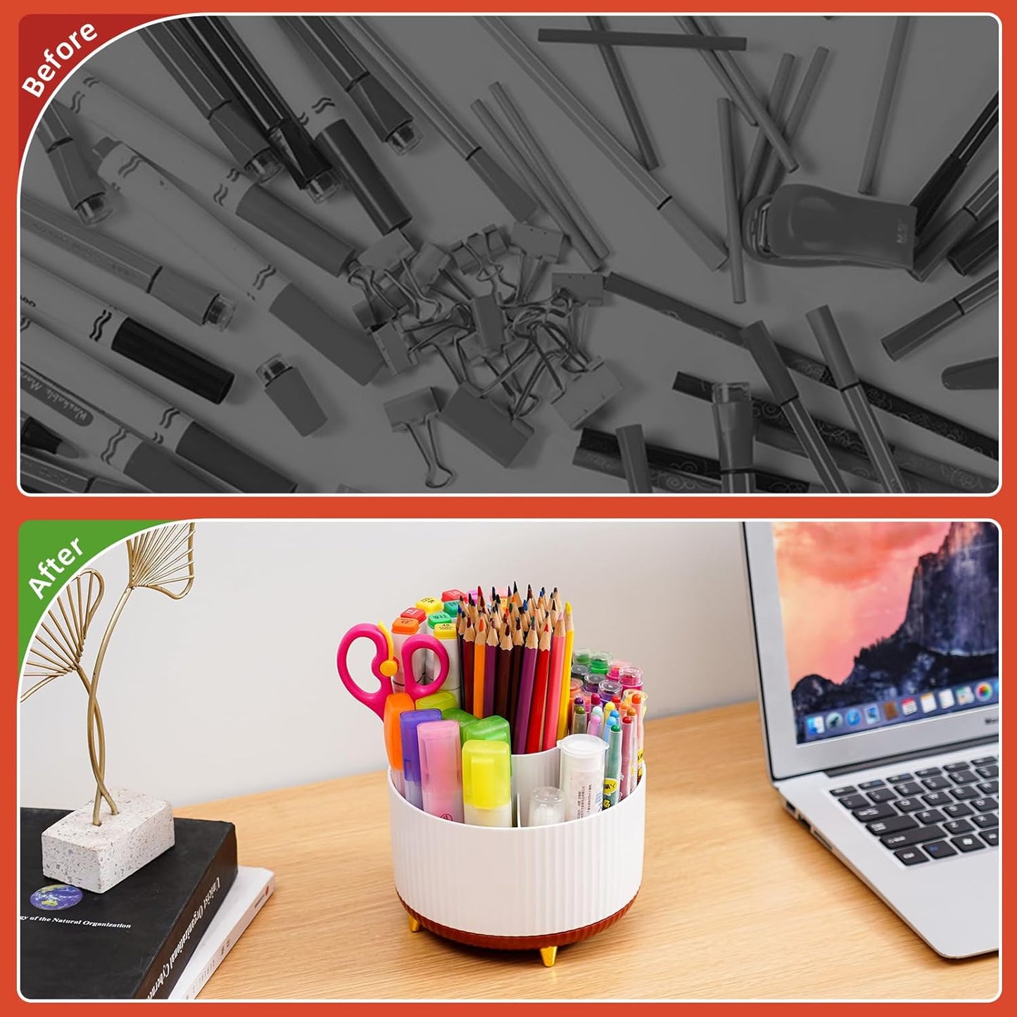 Marbrasse Desk Organizer, 360-Degree Rotating Pen Holder, Desk Organizers and Accessories with 5 Compartments Pencil Holder, Art Supply Storage Box Caddy for Office, Home（White）