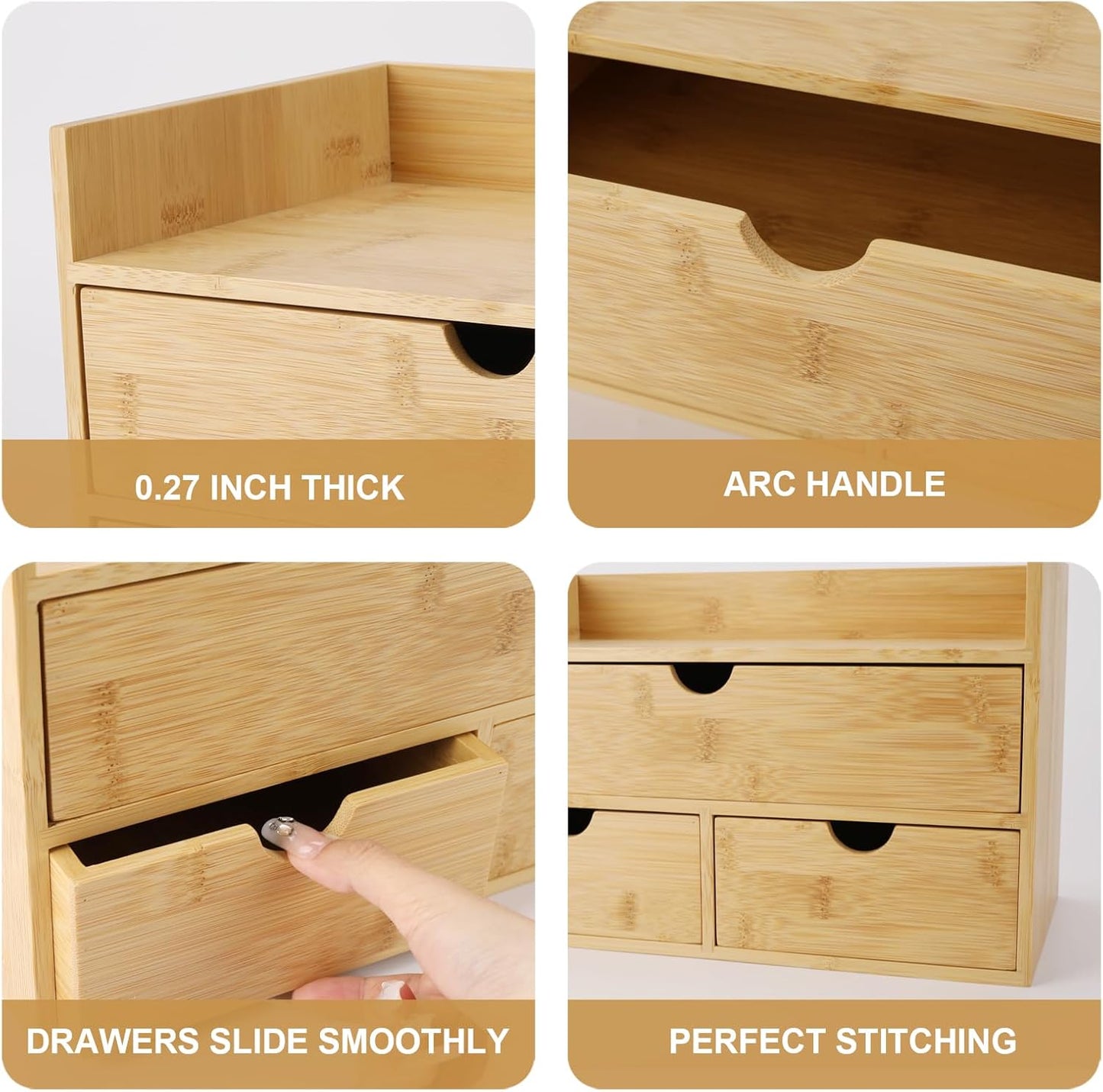 Charmewooden Bamboo Desk Organizer with 3 Drawers, Countertop Organizer with Drawers Makeup Storage Drawer 3 Drawers Tabletop Storage Organization Box Home Office Workspace