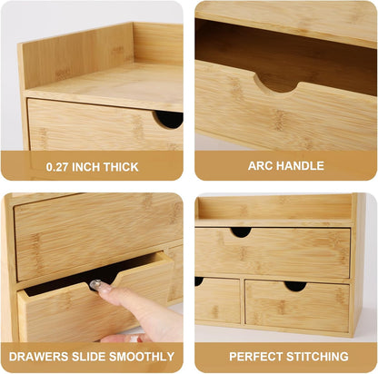 Charmewooden Bamboo Desk Organizer with 3 Drawers, Countertop Organizer with Drawers Makeup Storage Drawer 3 Drawers Tabletop Storage Organization Box Home Office Workspace