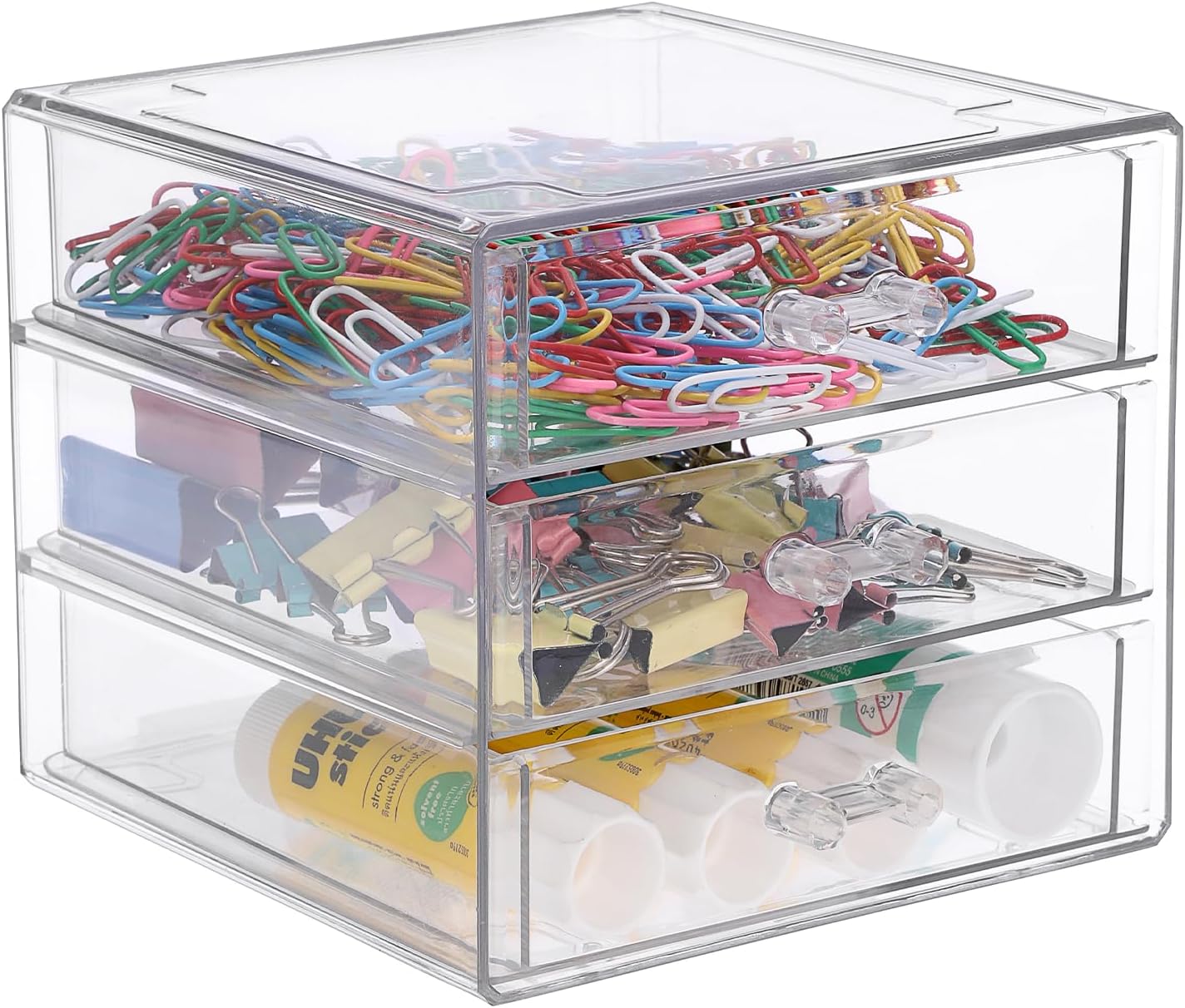 BTSKY Clear Acrylic Storage Organizer with Drawers, 3-Layer Desktop Organizer for Office Essentials, Multi-Purpose Stackable Container for Bathroom Vanity, Desk Makeup Jewelry Container Storage Box