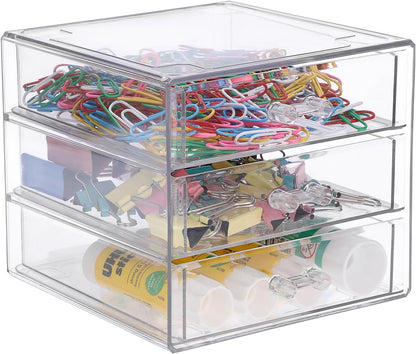 BTSKY Clear Acrylic Storage Organizer with Drawers, 3-Layer Desktop Organizer for Office Essentials, Multi-Purpose Stackable Container for Bathroom Vanity, Desk Makeup Jewelry Container Storage Box