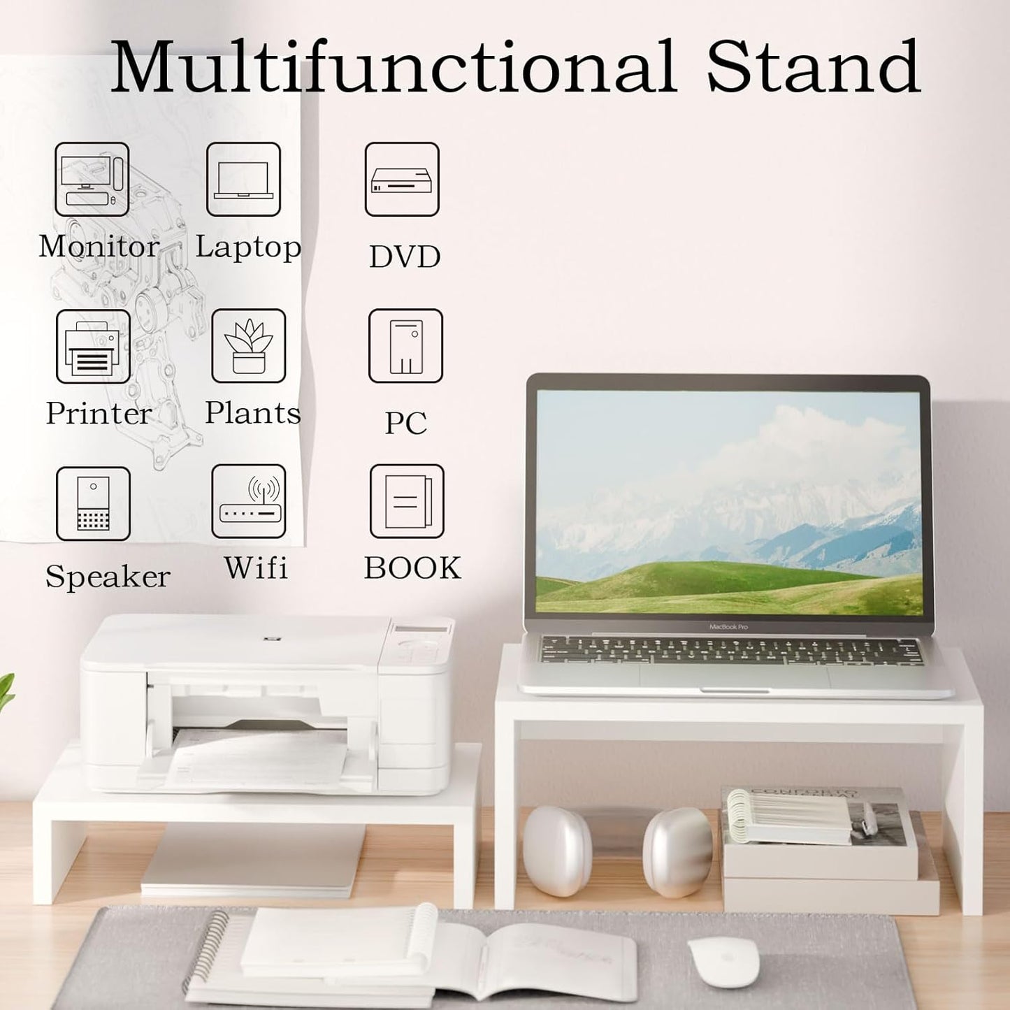 TEAMIX Adjustable White Monitor Stand Riser - 2 Pack, Wood 2 Tier Adjustable Stand for 2 Monitors/Laptop/PC