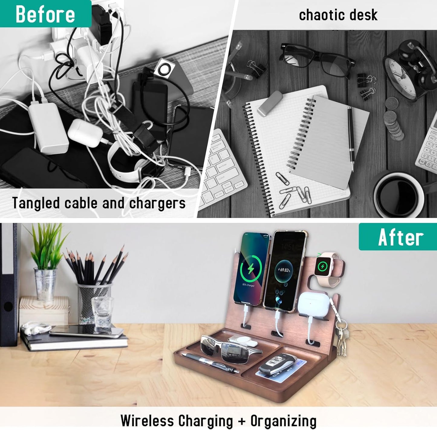 Wood Phone Docking Station with Drawer Nightstand Organizer for Men Dual Phone Charging Station for iPhone Samsung Google Desk Organizers Anniversary Birthday Gifts for Men Dad Him Husband