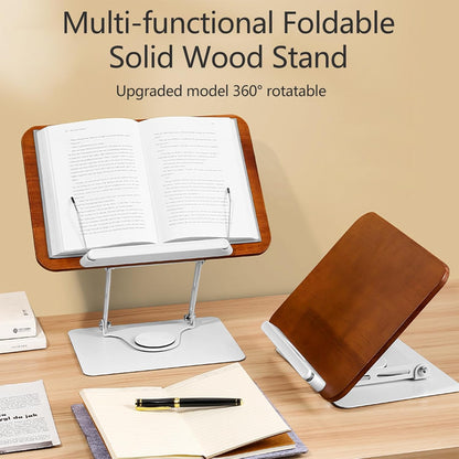 360° Rotating Book Stand for Reading, Adjustable Foldable Book Holder for Reading, Cooking, Office, Compatible with Cookbooks, Textbooks, Tablets, Sheet Music, and Laptops (Black Walnut)