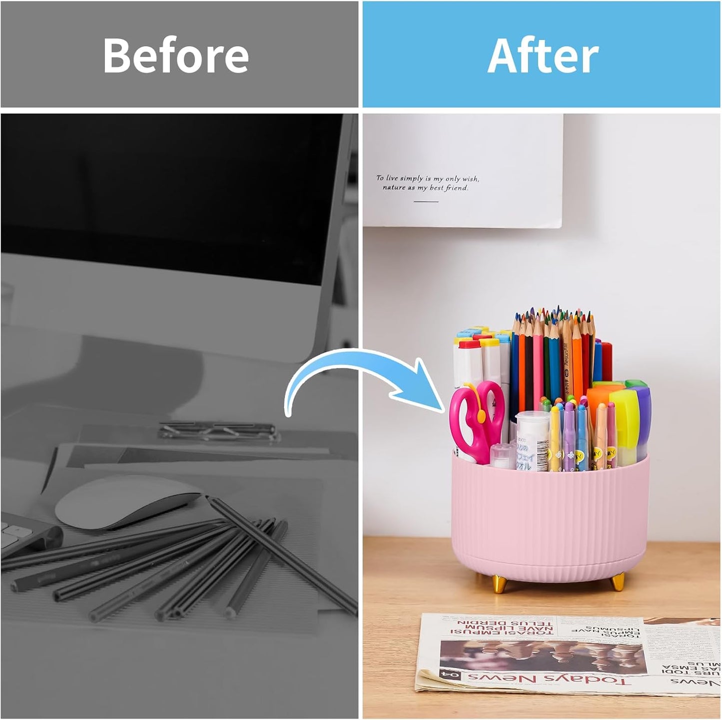 Marbrasse Desk Organizer, 360-Degree Rotating Pen Holder, Desk Organizers and Accessories with 5 Compartments Pencil Holder, Art Supply Storage Box Caddy for Office, Home（White）