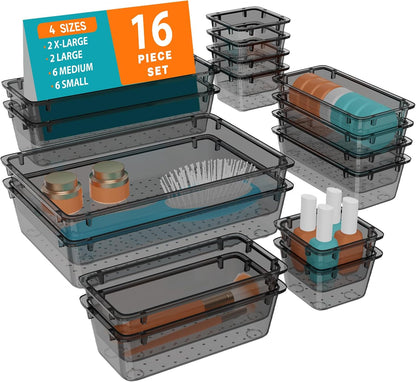 WOWBOX 32 PCS Clear Plastic Drawer Organizer Set, 4 Sizes Desk Drawer Organization and Storage Containers for Makeup, Cosmetics, Jewelry and Gadgets in Kitchen, Bathroom, Bedroom, Office, Clear Black